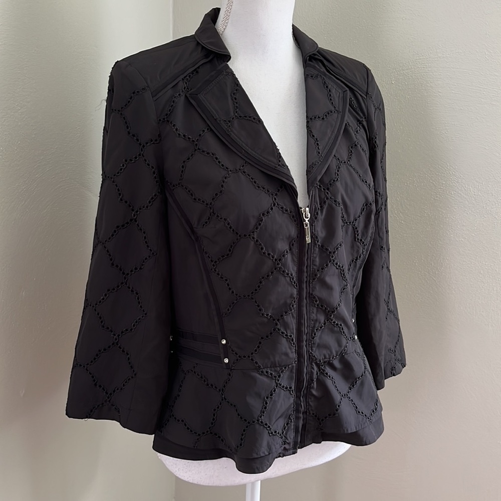 WHBM Eyelet Zip Front BlazerJacket with Rhinestone Accents and Peplum Hemline - Picture 3 of 14